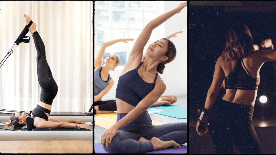 マシンピラティス、ヨガ、ボクシングをする女性たち